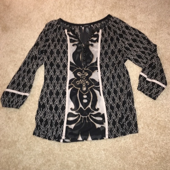 Alfani gently worn sheer Black and Tan blouse - Picture 1 of 4